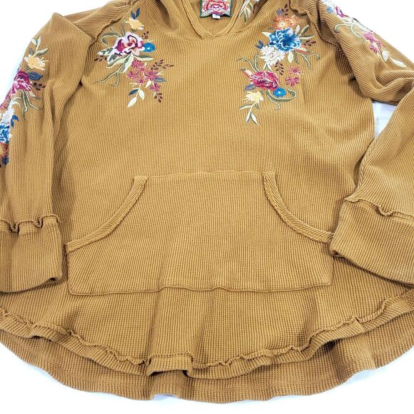 Isla Thermal floral Embroidered Hoodie Johnny Was M Mustard Yellow Cotton Boho - Picture 3 of 13